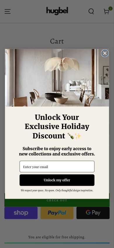 Hugbel cart — popup overlays the checkout area