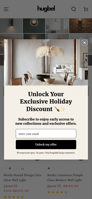 Hugbel /collections/wall-lamps — no breadcrumb above 'FILTER AND SORT'