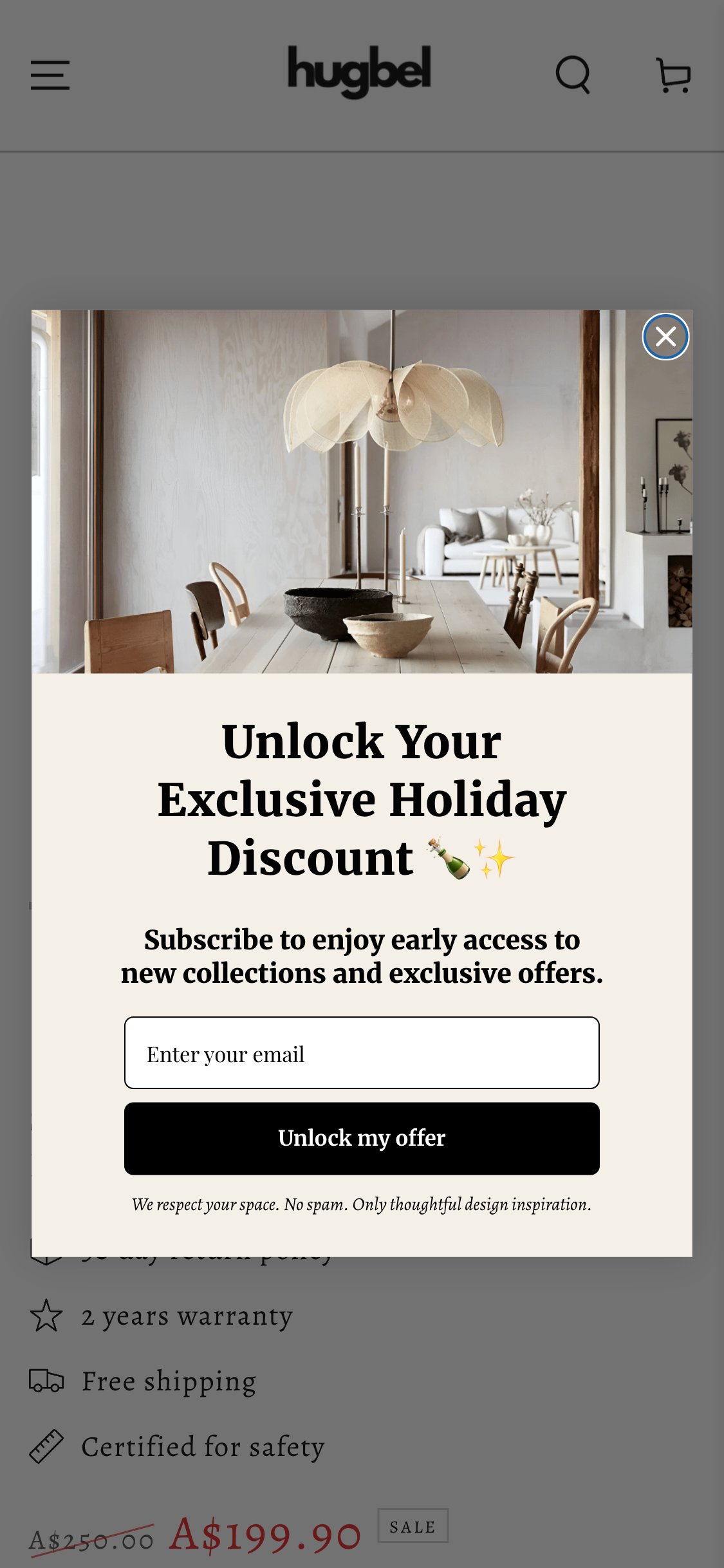 Hugbel PDP — Holiday popup firing mid-scroll