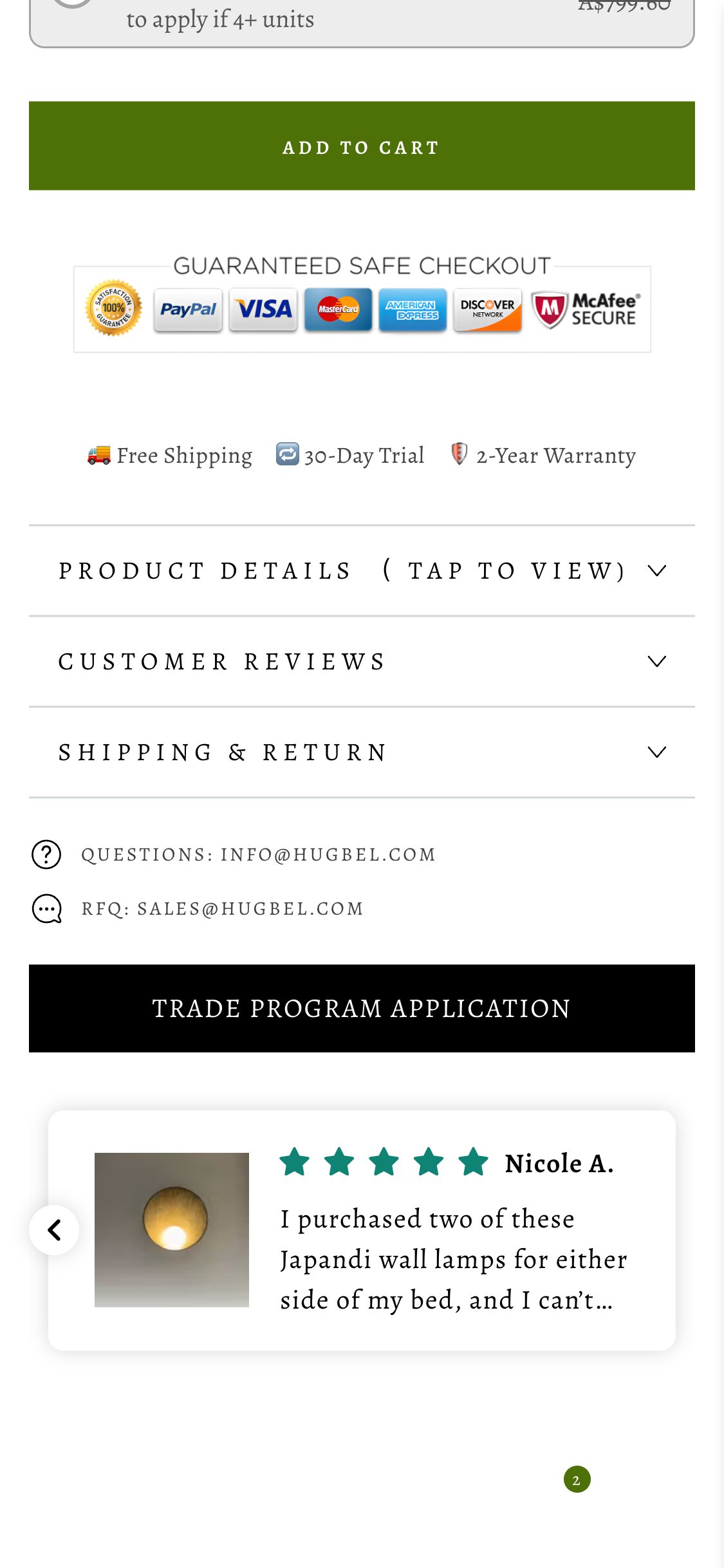Hugbel PDP — 'Guaranteed Safe Checkout' badge strip